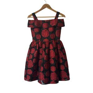 Belle Badgley Mischka Off-The-Shoulder Black & Red Floral Dress Size 14 Polyeste